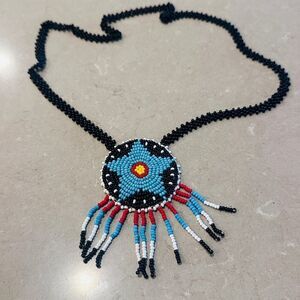 Hand-Beaded Authentic Native American Blue Star Medallion Leather Necklace